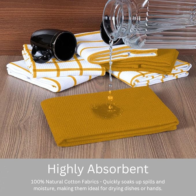 Assorted Waffle Kitchen Towels 100% Cotton Set of 6 - Heavy Duty 320 GSM Quality Dish Cloths Towel - Soft Absorbent Washable for Kitchen Use -Quick Drying Dish Towel 16x26 Mustard Yellow