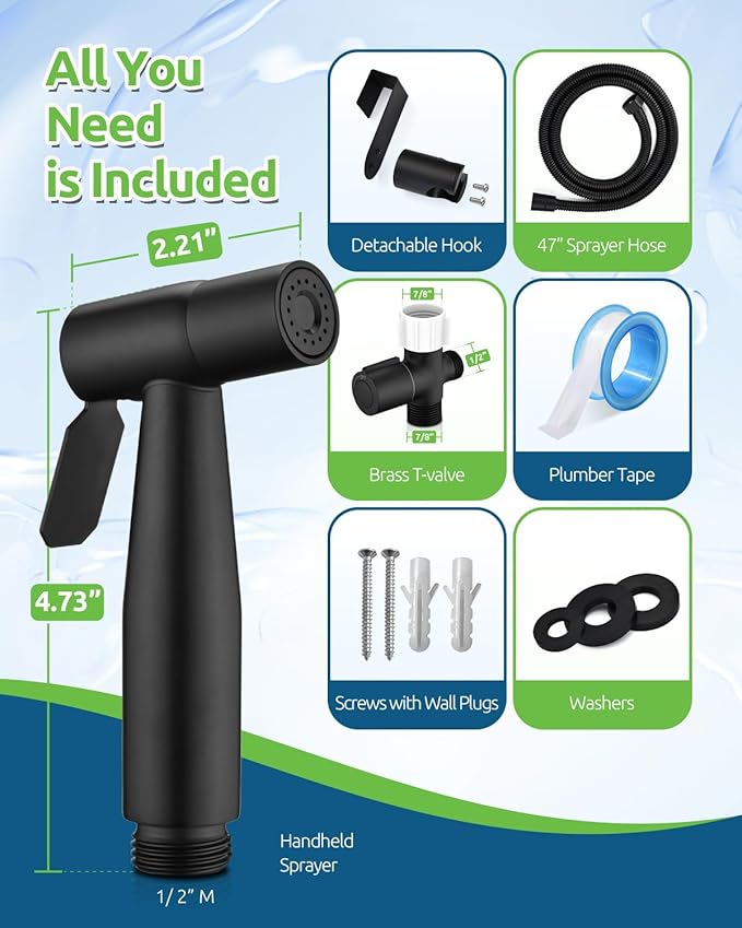 Black Bidet Sprayer for Toilet, Muslim Shower Handheld Jet Sprayer Adjustable Water Flow with Bidet Hose for Feminine Wash, Black Bidet Faucet Cloth Diaper for Baby Wash, Wall/Toilet Mount