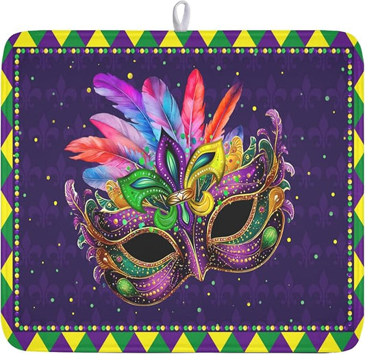 Mardi Gras Dish Drying Mat for Kitchen Counter Masquerade Mask Feather Dishes Drying Mat Microfiber Absorbent Reusable Washable Dishes Drainer Rack Mats 16x18 Inch