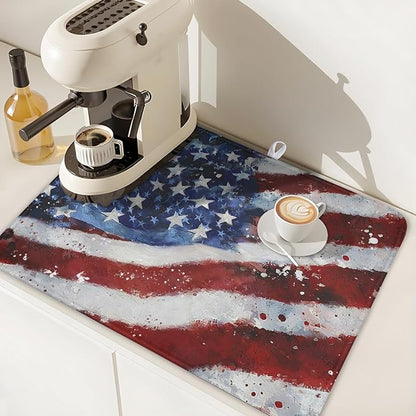 4th of July Dish Drying Mat 24x18 Inch, Patriotic Drying Mat with Absorbent Reversible Microfiber, Independence Day Dish Drainer Mats Memorial Day Rack Pad for Coffee Countertop Kitchen Protector