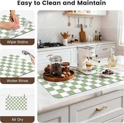 17" x 32" Checkered Dish Drying Mat for Kitchen Counter, Absorbent Coffee Bar Mat for Espresso Machine Coffee Countertops Accessories (Green)