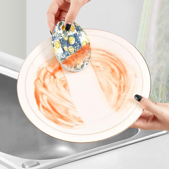 Lemon Plaid Kitchen Scrub Sponges, Pop-up Kitchen Cleaning Sponges Reusable Dish Washing Sponges for Bathroom Household Cleaning 3 Pack - Non Scratch Scrubber