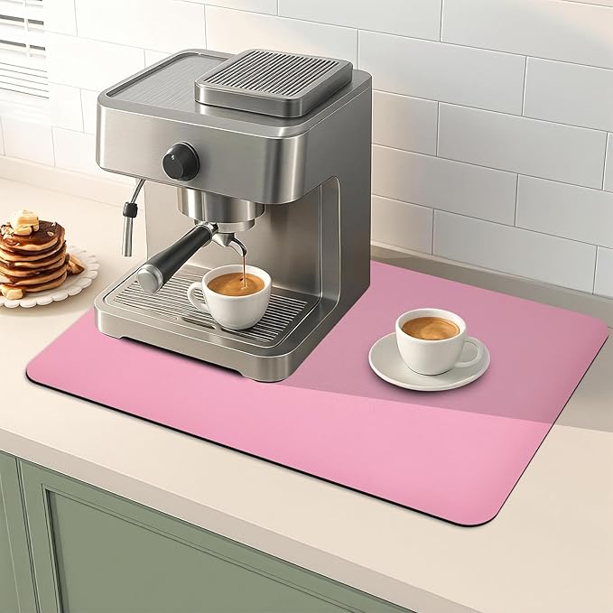 Coffee Mat Absorbent Dish Drying Mat for Kitchen Counter ,Match with Coffee Machine Drying Mats for Kitchen Counter, Hide Stain Nop-Slip Rubber Backed,16"x24",Pink
