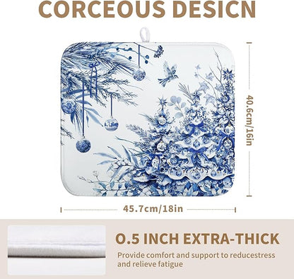 Christmas Tree Dish Drying Mat for Kitchen Counter 16x18 Inch Blue White Chinoiserie Winter Xmas Holiday Drying Mats Microfiber Absorbent Dish Draining Reusable Dish Drainer Pad