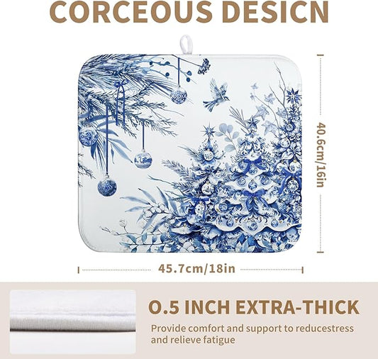 Christmas Tree Dish Drying Mat for Kitchen Counter 16x18 Inch Blue White Chinoiserie Winter Xmas Holiday Drying Mats Microfiber Absorbent Dish Draining Reusable Dish Drainer Pad