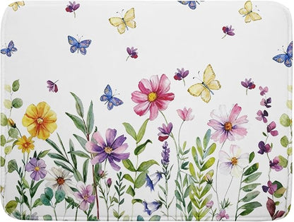 Wildflower Dish Drying Mat for Kitchen 24x18 Inch Colorful Floral Butterfly Drying Mat with Absorbent Reversible Microfiber Season Spring Dish Drainer Mats Rack Pad for Coffee Countertop Protector