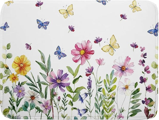 Wildflower Dish Drying Mat for Kitchen 24x18 Inch Colorful Floral Butterfly Drying Mat with Absorbent Reversible Microfiber Season Spring Dish Drainer Mats Rack Pad for Coffee Countertop Protector