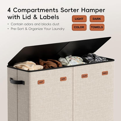 Laundry Hamper 4-Section with Lid, 185L Laundry Sorter with 4 Removable Bags + 1 Extra Large Bag, Switchable 3/4 Compartment, Laundry Basket Organizer for Bedroom, Laundry Room，Beige