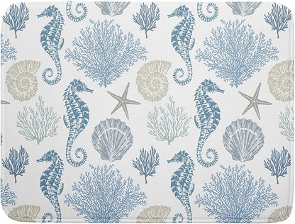 Blue Coral Dish Drying Pad 18 x 24 Inch With Absorbent Reversible Microfiber Coastal Starfish Seashell Summer Drying Mats Dish Drainer Mat Fast Dry For Kitchen Dining Room Decoration