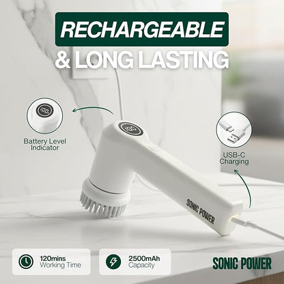 Electric Spin Scrubber – Handheld & Ergonomic, IPX7 Waterproof, 4 Multi-Purpose Brush Heads, Long-Lasting Rechargeable Battery – Cleans Dishes, Bathroom, Tile, Grout & Kitchen (White)
