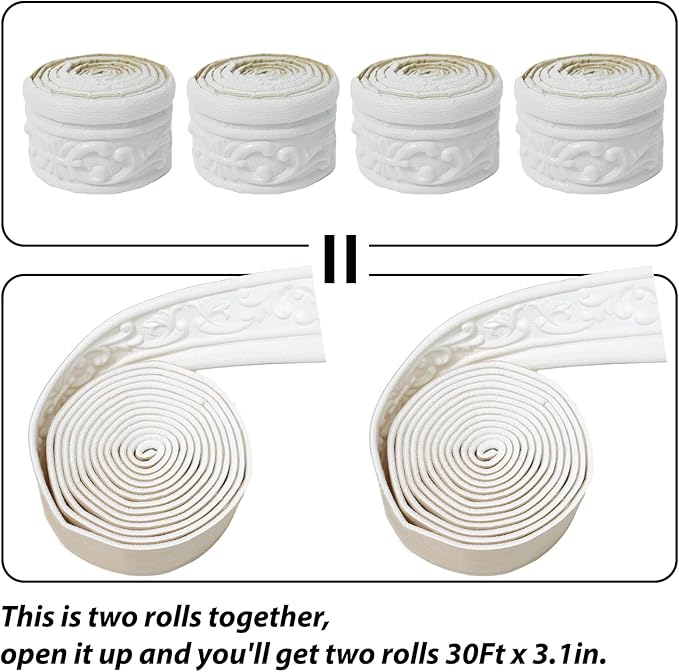 WAPANE 360" x 3.1" Peel Stick Foam Molding Trim Self Adhesive, Crown Molding Wallpaper Border Flexible, 3D Wall Edging Lines Foam Baseboard, Wall Trim for Home, White, 4PC
