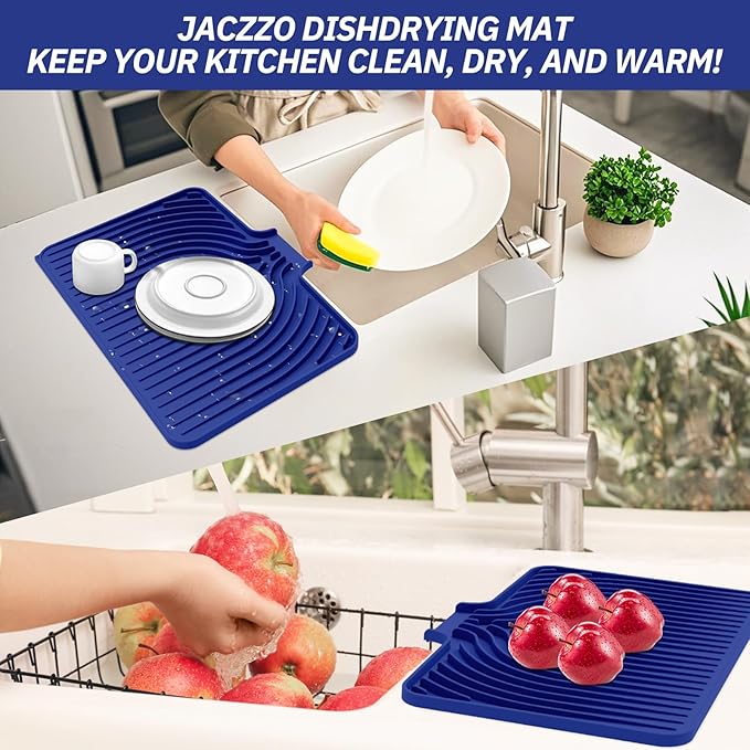Dish Drying Mat for Kitchen Counter, with Built-in Drain Lip, Food-Grade Silicone, Easy Clean Pad for Countertop Protection, Multi-Functional Use (18x11.8, Midnight Blue)