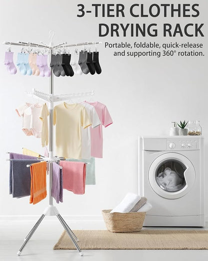 Foldable Clothes Drying Rack - 3 Tier Laundry Drying Rack, Portable Clothing rack with Rotating Clothes Rail with 30 Clips,10 towel sticks and 3 Rotatable Arms, Suitable for Flats and Small Rooms