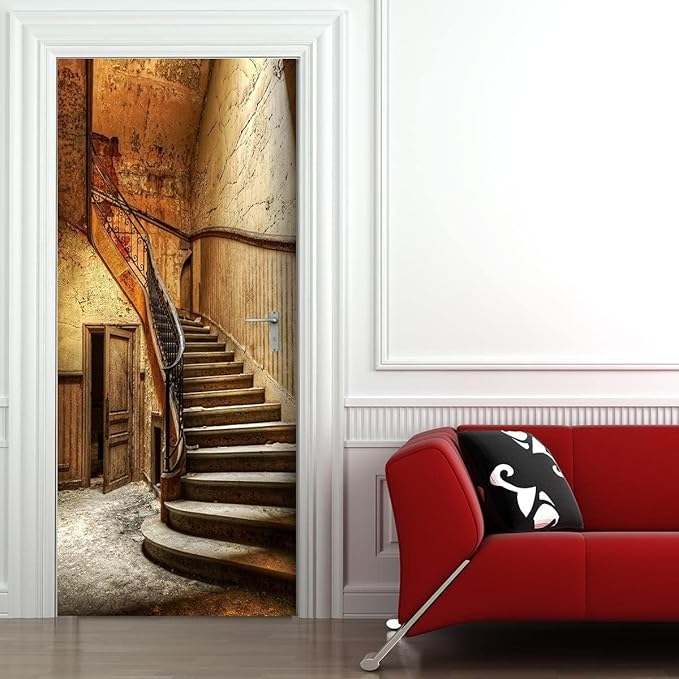 3D Door Stickers Murals Peel and Stick - Old Stairs Wallpaper Self-Adhesive Decals Removable PVC Waterproof Poster for Bedroom Living Room 33.9" x 78.7"