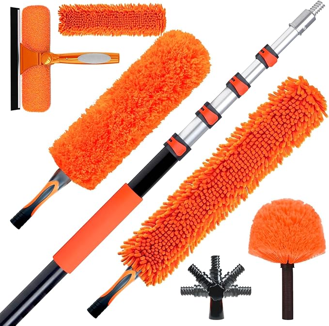 20FT High Reach Duster Cleaning Kit with 5-13 FTExtension Pole, High Ceiling Fan Cleaner Duster Tool for Fan Blades, Extendable Reusable Cobweb, Feather, Window Cleaning Squeegee Kit (12FT)