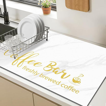 Findosom Dish Drying Mat, 12"x 20" Super Absorbent & Hide Stain Coffee Mat, Cuttable Drying Mat for Kitchen Counter, Coffee Bar Accessories, Under Dish Rack, Coffee Maker, Espresso Machine, White