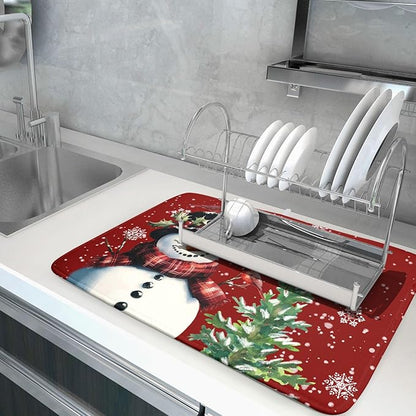Winter Snowflake Red Dish Drying Mat for Kitchen Counter,Xmas Trees Snowman Cardinal Bird Drying Mat 18 x 24 Inch with High Absorbent Microfiber Drainer Mat for Coffee Bar