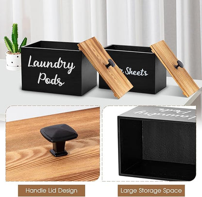 Dandat 2 Pcs Wood Rustic Laundry Dryer Sheet Holder Pod Container with Lid 8.7 x 6.3 x 6.4 Inch Laundry Pod Holder 7.3 x 3.7 x 5 Inch Dryer Sheet Dispenser Wooden Box Container(Black)