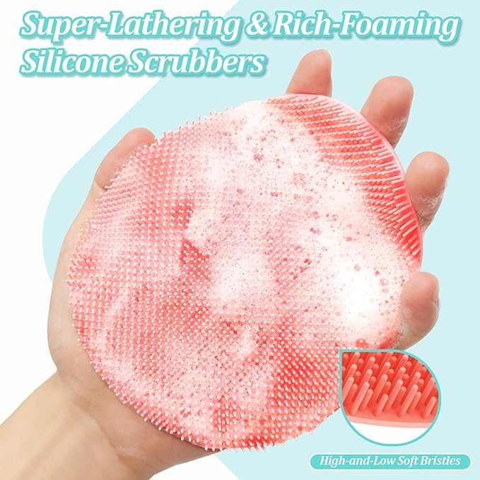 Silicone Back/Face Scrubber & Soft Bath Glove 3PCS, 16''- 24'' Extendable Shower Back Scrubber, 360° Anti-Slip & Hand-fit Silicone Bath Glove, Manual Face Brush for All-Round Cleaning(Pink)