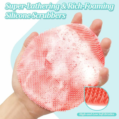 Silicone Back/Face Scrubber & Soft Bath Glove 3PCS, 16''- 24'' Extendable Shower Back Scrubber, 360° Anti-Slip & Hand-fit Silicone Bath Glove, Manual Face Brush for All-Round Cleaning(Pink)
