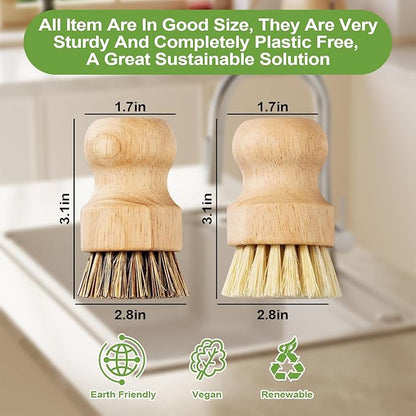 Bamboo Dish Scrub Brushes,Kitchen Wooden Cleaning Scrubbers Set with 100 Kitchen Sink Strainer Mesh Bags, 1 Kitchen Squeegee,4 Pack Round Mini Dish Brush with Ceramic Holder for Kitchen Sink Cleaning