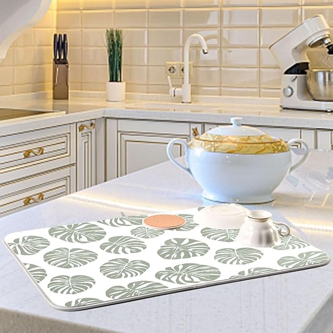 Green Palm Monstera Leaves Dish Drying Mat for Kitchen Counter Absorbent Microfiber Drying Pad, Large 18x24 in