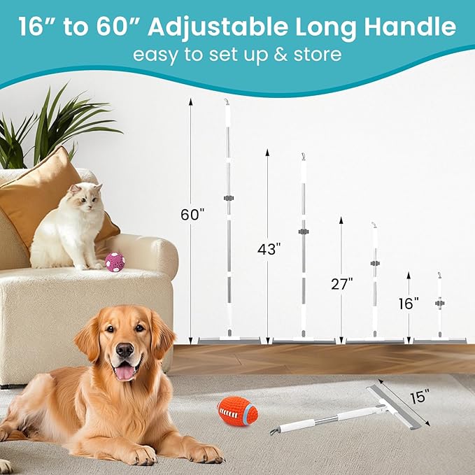 Carpet Rake for Pet Hair Removal Tool, 60” Adjustable Long Handle Pet Carpet Brush, Reusable Carpet Scraper Dog cat Hair Remover for Carpets, Rugs, Mats, and Stairs