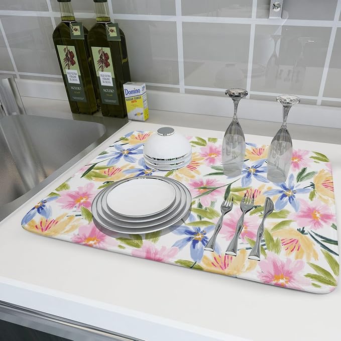 Aportt Spring Summer Floral Dish Drying Mat With Absorbent Reversible Microfiber Colorful Yellow Pink Blue Flowers Drying Mats 18 x 24 Inch Dish Drainer Mat Fast Dry For Kitchen Dining Room