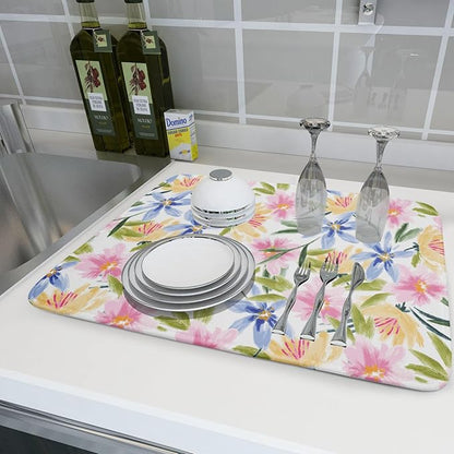 Aportt Spring Summer Floral Dish Drying Mat With Absorbent Reversible Microfiber Colorful Yellow Pink Blue Flowers Drying Mats 18 x 24 Inch Dish Drainer Mat Fast Dry For Kitchen Dining Room