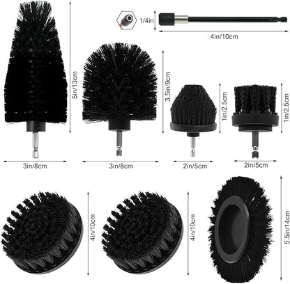 8 Pcs Drill Brush Attachment Set, Power Cleaning Scrub Brush Kit with Extend Long Attachment, All Purpose Drill Scrub Brushes for Car, Grout, Floor, Tub, Bathroom and Kitchen (Black)