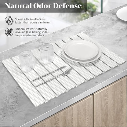 Large Stone Dish Drying Mats for Kitchen Counter, 24"(L)×16"(W) Wave - Pattern, Fast Drying Collapsible Dish Drying Mat, Eco-Friendly Absorbent Diatomaceous Earth Mats for Match Any Countertop