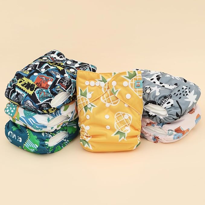 ALVABABY Baby Cloth Diaper 6 Pack with 12 Inserts One Size Cloth Diaper Covers Adjustable Washable Reusable for Baby Girls and Boys