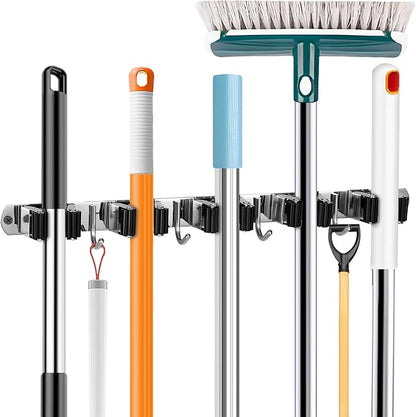UNIFUN Broom Holder Wall Mount, Broom Organizer Wall Mount Stainless Steel Broom and Mop Hanger Heavy Duty Storage Organization for Home Kitchen Garden Garage Room 5 Racks 4 Hooks (1Pack)(Black Racks)