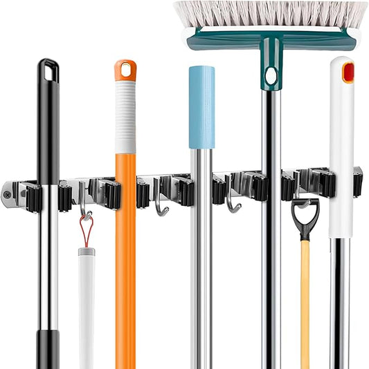 UNIFUN Broom Holder Wall Mount, Broom Organizer Wall Mount Stainless Steel Broom and Mop Hanger Heavy Duty Storage Organization for Home Kitchen Garden Garage Room 5 Racks 4 Hooks (1Pack)(Black Racks)