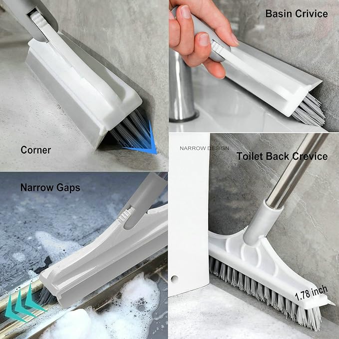 2 in 1 Cleaning Scrub Brush Grout Brush Scrape Floor Scrub Brush with Long Handle V-Shape Stiff Bristle Brush Scrubber with Squeegee 120°Rotating Shower Scruber for Cleaning Bathroom Glass Wall