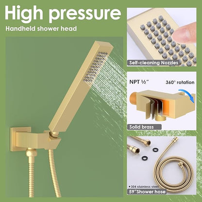 Enga Brushed Gold Rain Shower System with 4 Body Shower Jets 12inch Ceiling Mount Rainfall Shower Head & Handheld, Multi Shower Head System Rain Shower Faucets sets Combo with Rough-in Valve