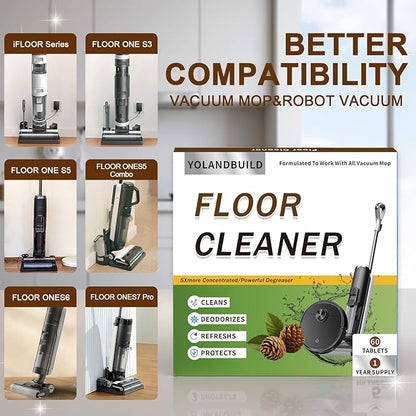 Multi-Surface Floor Cleaning Solution Compatible with Tineco/Roborock Vacuum Mop, Cleaner Refill for All Mopping Robot Vacuums and Cordless Wet/Dry Mops,60 Pack, Pine Fragrance