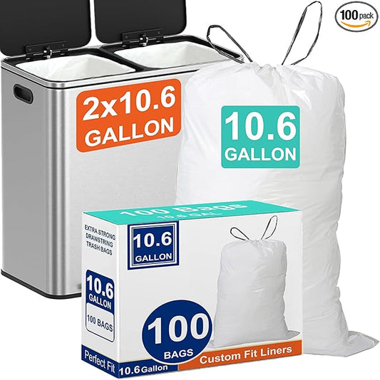 10.6 Gallon 100 Count for Dual Compartment Trash Can (2 x 10.6 Gallon) Trash Bags with Ultra-Strong Drawstring Heavy Duty 1.2 Mil Pre-Separated Tear & Leak Resistant PERFECT FIT & GRAND SAVE!