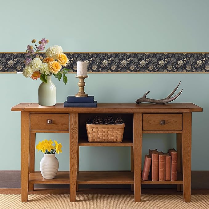 Dark Grey Vintage Floral Wallpaper Border 196x4 Inch Peel and Stick Wall Border Self Adhesive Removable Vinyl Wall Trim Elegant Rose Leaf for Kitchen Bathroom Bedroom Living Room Decor