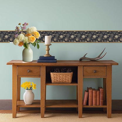Dark Grey Vintage Floral Wallpaper Border 196x4 Inch Peel and Stick Wall Border Self Adhesive Removable Vinyl Wall Trim Elegant Rose Leaf for Kitchen Bathroom Bedroom Living Room Decor