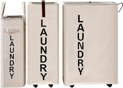 70L Large Rolling Laundry Hamper - Tall Narrow Basket With Wheels, Slim Clothes Bin, 27.5" Beige