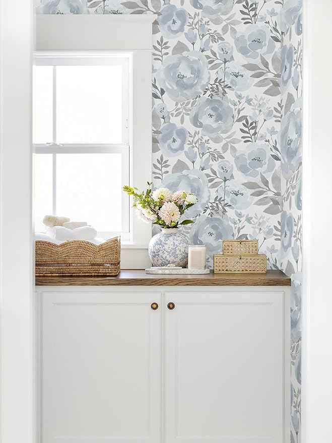 Orainege Floral Wallpaper Peel and Stick Wallpaper 17.3inx196.8in Self Adhesive Wall Paper Boho Contact Paper Removable Decorative Wallpaper for Bedroom Bathroom Shelf Liner Decor Vinyl,Blue