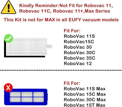 Replacement Parts Accessories Kit for eufy robovac 11S, 12, 15T, 15C, 25C, 30, 30C, 35C Slim Carpet Robotic Vacuum, 1 Roller Brush, 4 Filters, 4 Side Brushes, 1 Pre Filter, 1 Cleaning Brush