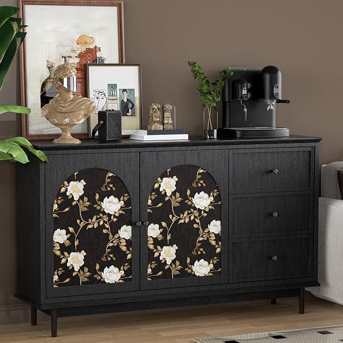 Laatse Black Golden Floral Peel and Stick Wallpaper Flowers Contact Paper 17.5" x 393" Self Adhesive Waterproof Vintage Dark Floral Wall Paper for Shelf Liner Cabinet Decor