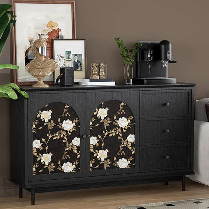 Laatse Black Golden Floral Peel and Stick Wallpaper Flowers Contact Paper 17.5" x 393" Self Adhesive Waterproof Vintage Dark Floral Wall Paper for Shelf Liner Cabinet Decor