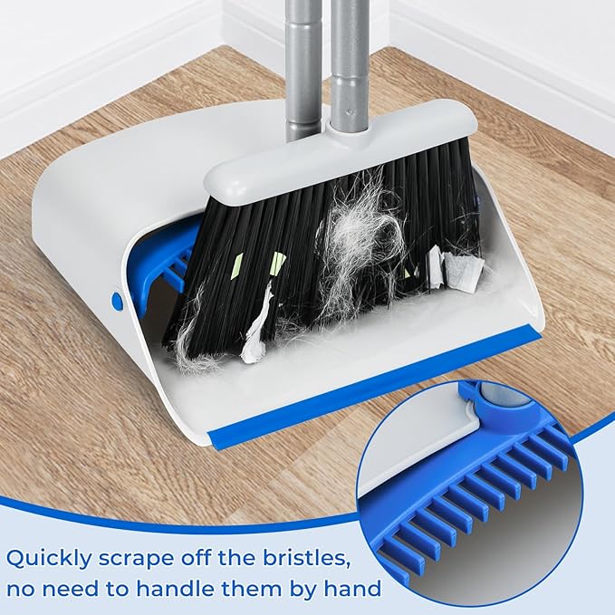 Broom and Dustpan Set with Long Handle 52", Standing Broom and Dust Pan Set for Home Kitchen Room Office Lobby Blue