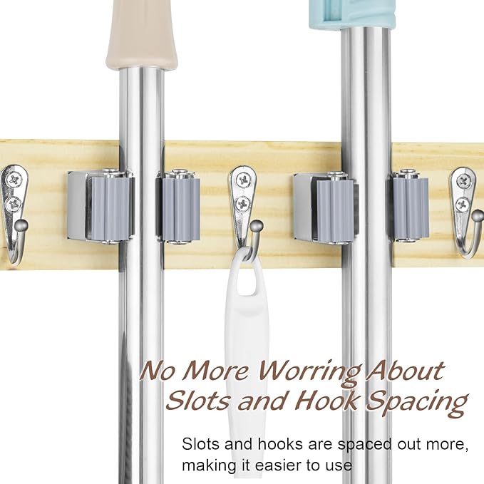 OUTNILI Mop and Broom Holder Wall Mount - Light Wood Broom Mop Hanger - Wall Mounted Garden Tool Rack Organizer for Closet Garage Laundry Room Kitchen With 4 Slots & 4 Hooks
