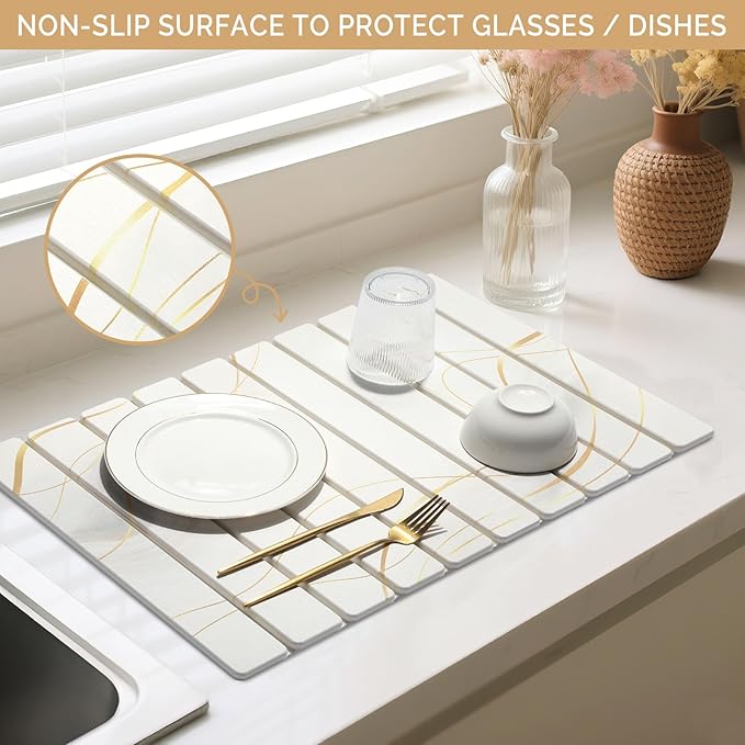 Large Stone Dish Drying Mat for Kitchen Counter, 2PCS Quick Dry Stone Dishes Mat,Foldable Water Absorbing Drying Organizer Pad for Plate Rack Bottles Utensils(Printed White Gold 24"×16" & 8"x4")