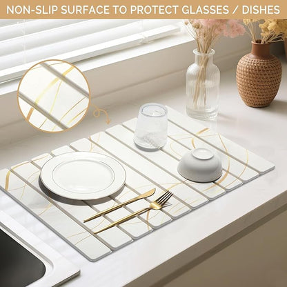Large Stone Dish Drying Mat for Kitchen Counter, 2PCS Quick Dry Stone Dishes Mat,Foldable Water Absorbing Drying Organizer Pad for Plate Rack Bottles Utensils(Printed White Gold 24"×16" & 8"x4")