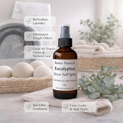 Natural Dryer Ball Spray, 4 oz, Patchouli, Lavender,Essential Oil Laundry Refresher, Fabric Freshener for Clothes, Linens & Wool, Anti-Static & Odor Neutralizer, Made in the USA (Eucalyptus)